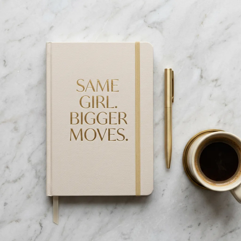 Overhead shot of a beige notebook with gold foil text reading 'SAME GIRL. BIGGER MOVES.' next to a gold pen and a cup of coffee on a light marble surface.