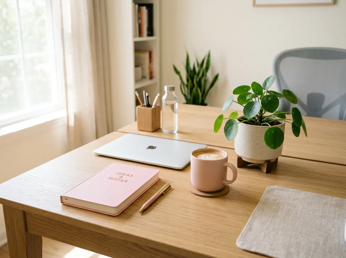 Soft, sunlit interior scene showing a desk with a pink notebook, coffee cup, and a plant.