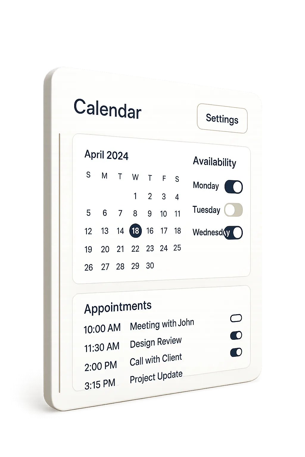 Ivory Digital Pixel backend configuration and calendar management interface