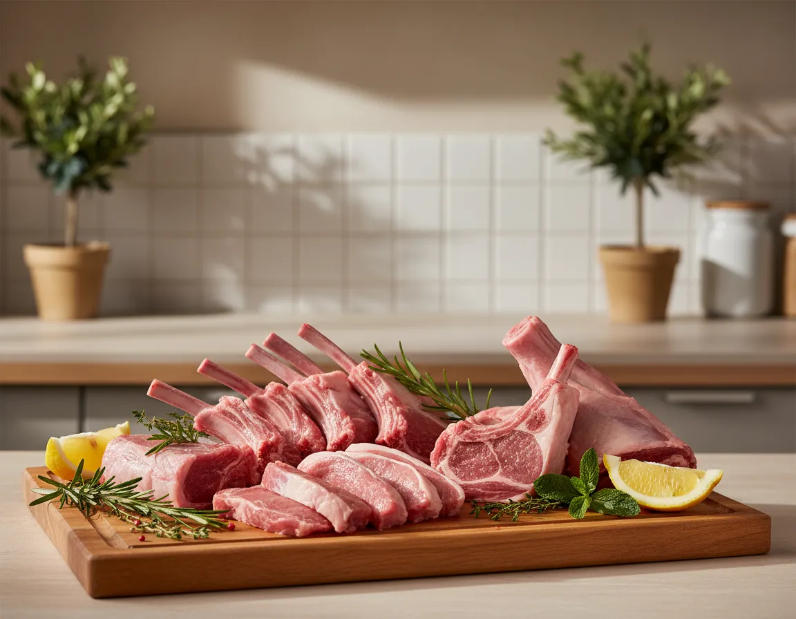 Fresh lamb cuts on butcher block