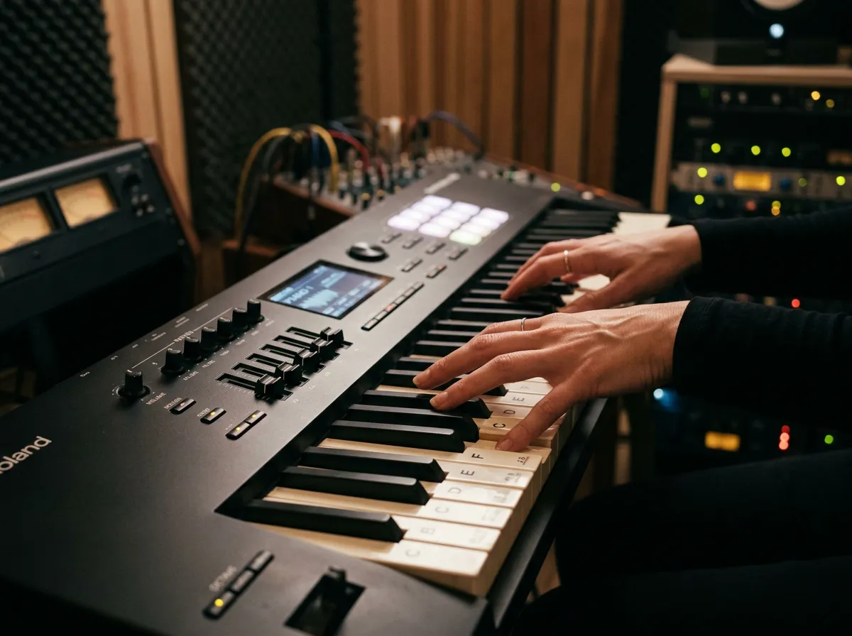 Hands playing an electronic keyboard in a modern studio