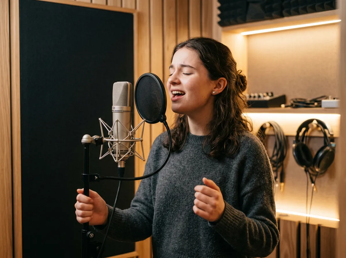 Singer practicing into a studio microphone with pop filter