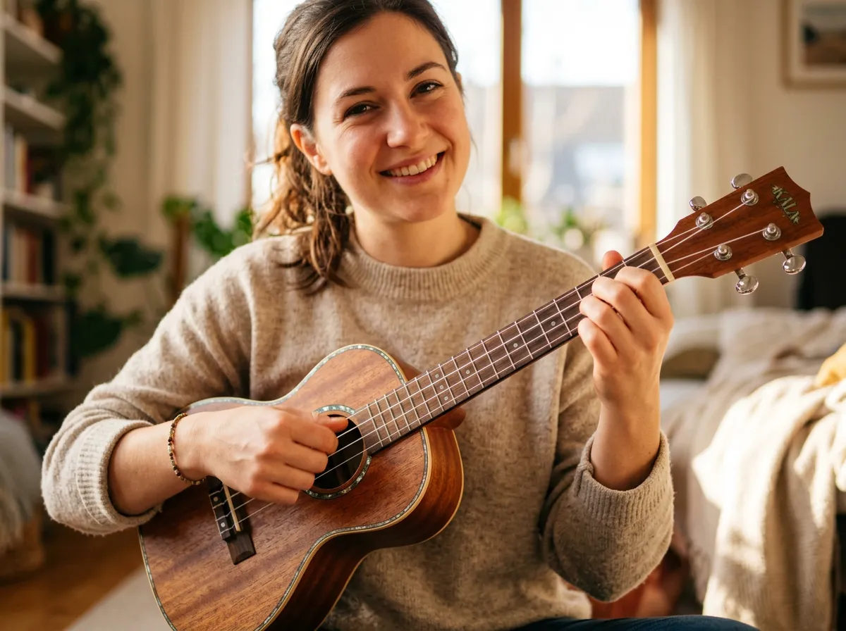 Ukulele being strummed in warm light