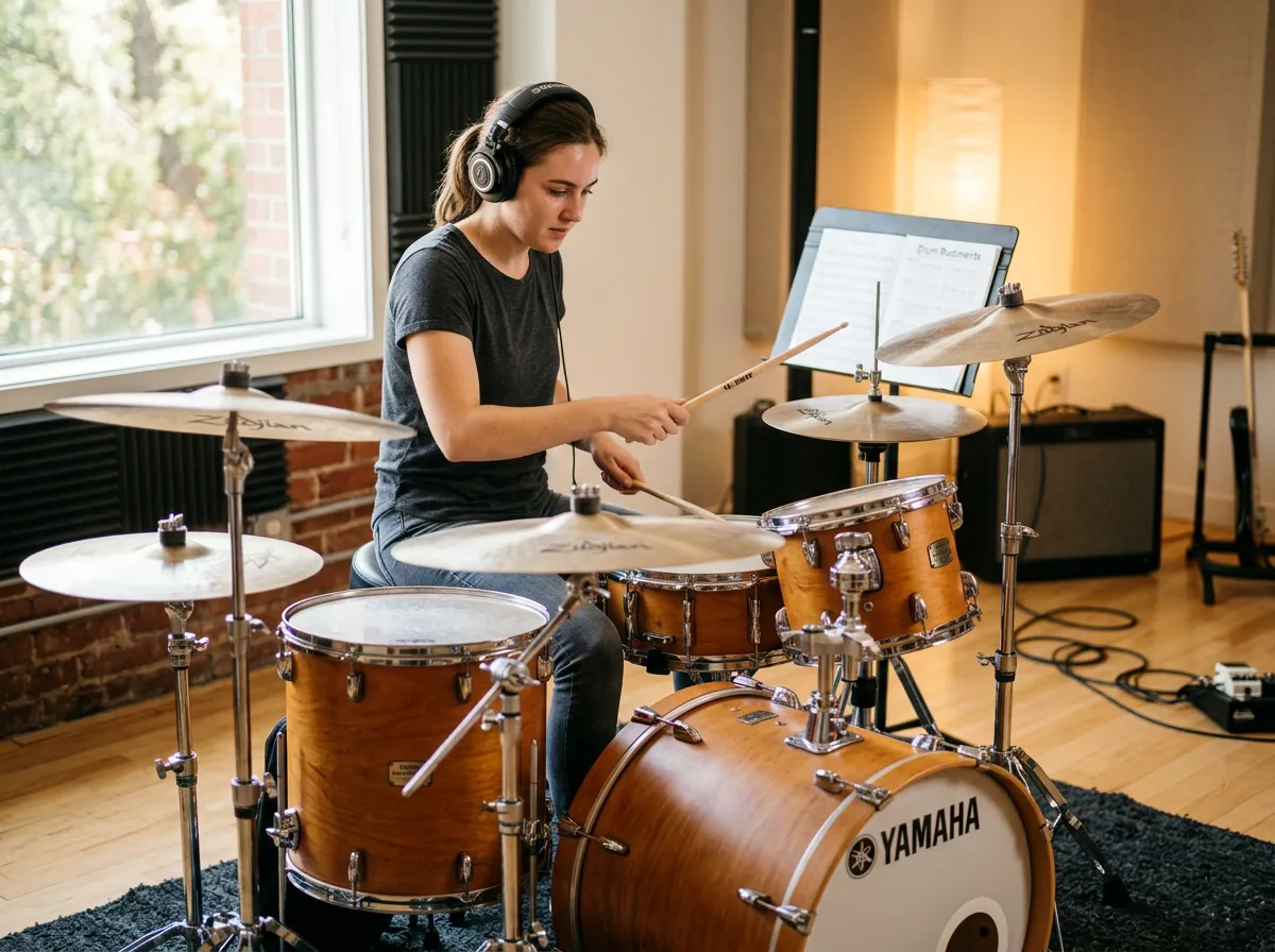 Student practicing on an acoustic drum kit in a music studio