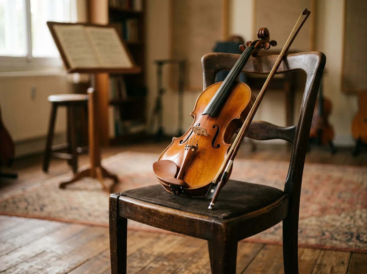 Violin and bow in a softly lit music studio