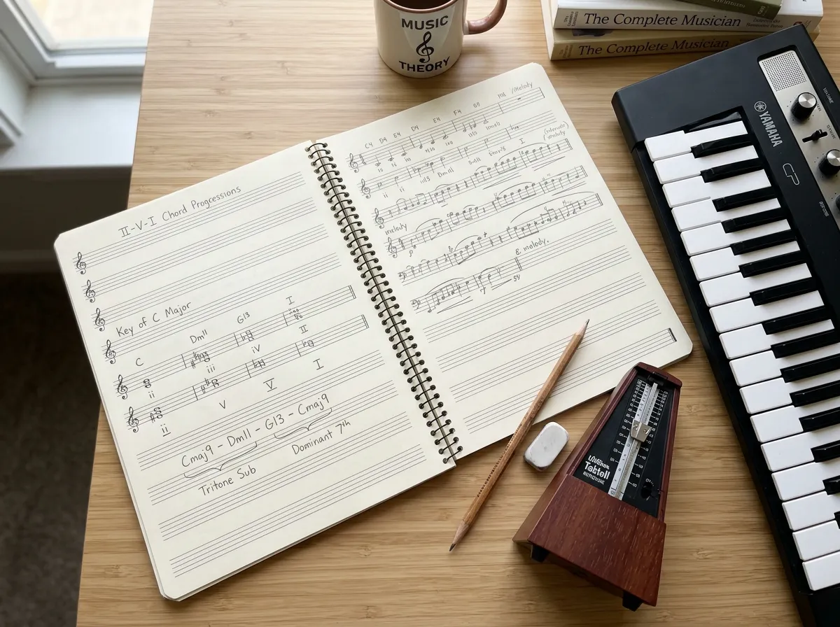 Music theory notebook with staff paper and study materials on a desk