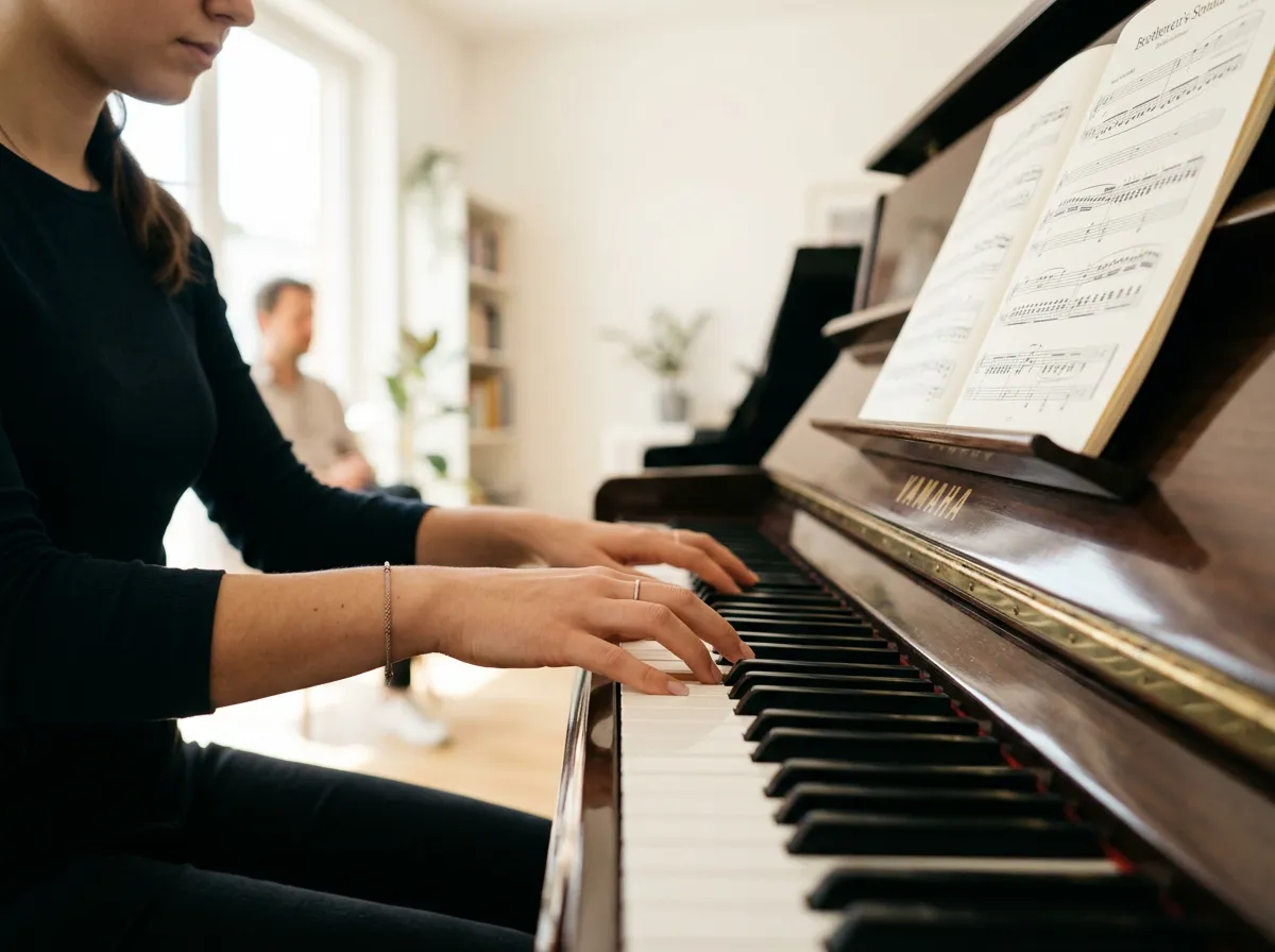 Hands playing an acoustic grand piano in a bright lesson studio