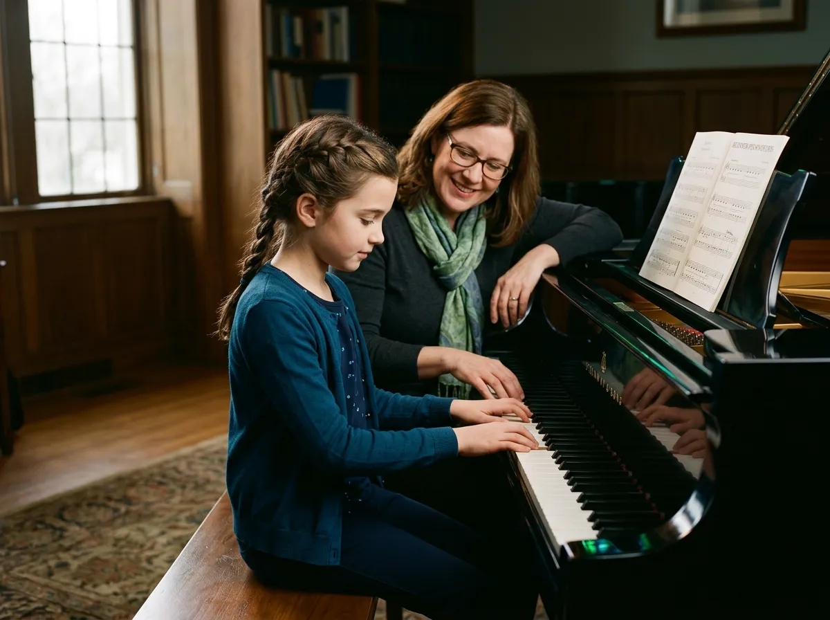 Inspiring private music lesson with student and teacher at a grand piano
