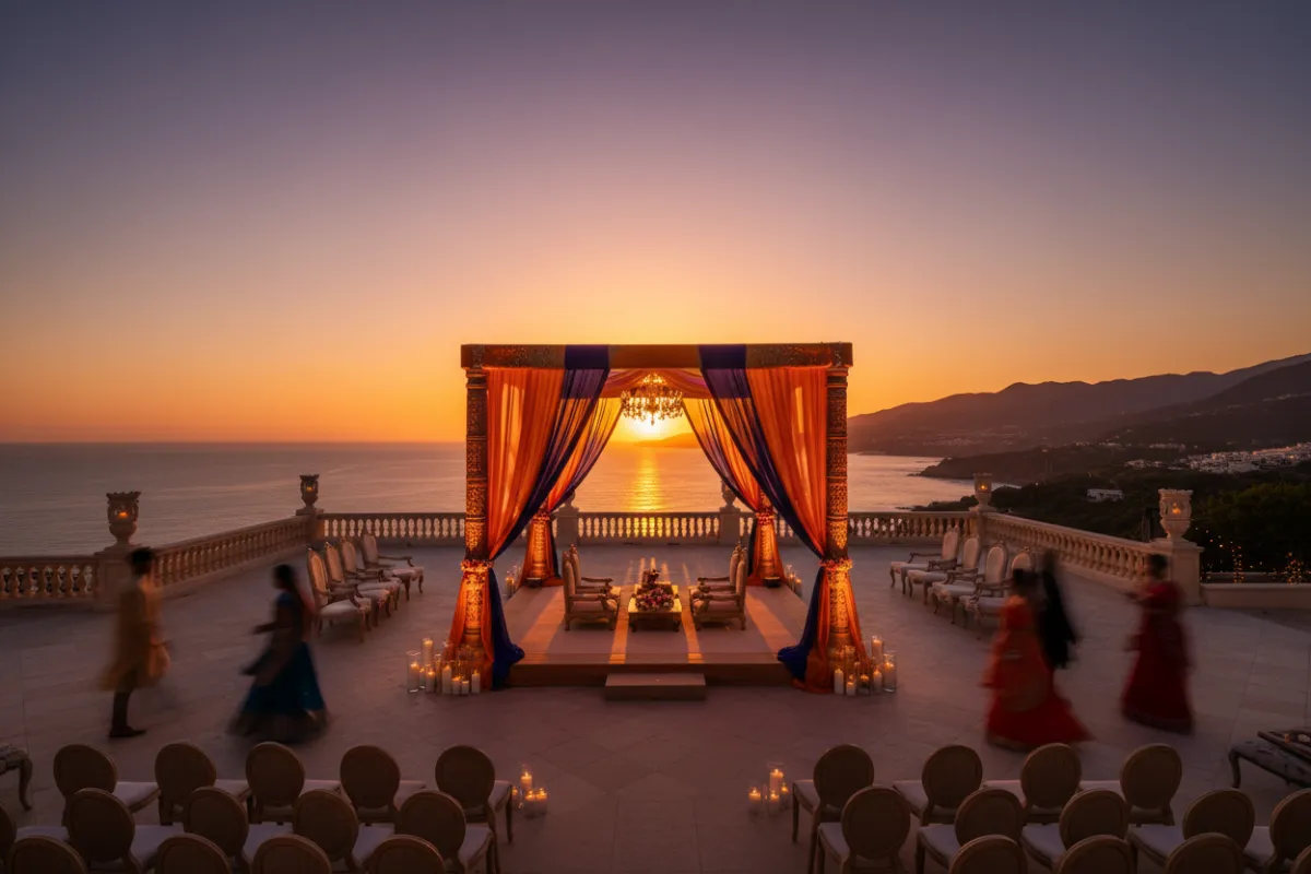 Wide-angle capture of a destination mandap at sunset on an open-air terrace, guests moving in soft motion blur, dramatic saffron and indigo tones.