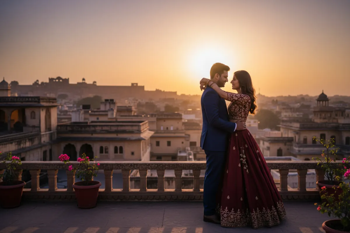 Dusk rooftop pre-wedding portrait of a modern Indian couple on a Jaipur terrace.