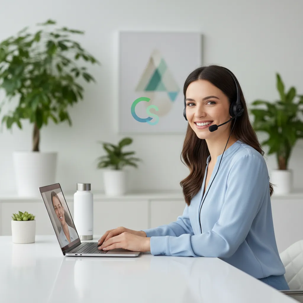 Un agente di supporto clienti cordiale alla scrivania, con cuffia, sorridente mentre assiste un cliente via laptop, con piante e materiale brandizzato sullo sfondo, ufficio luminoso e accogliente.