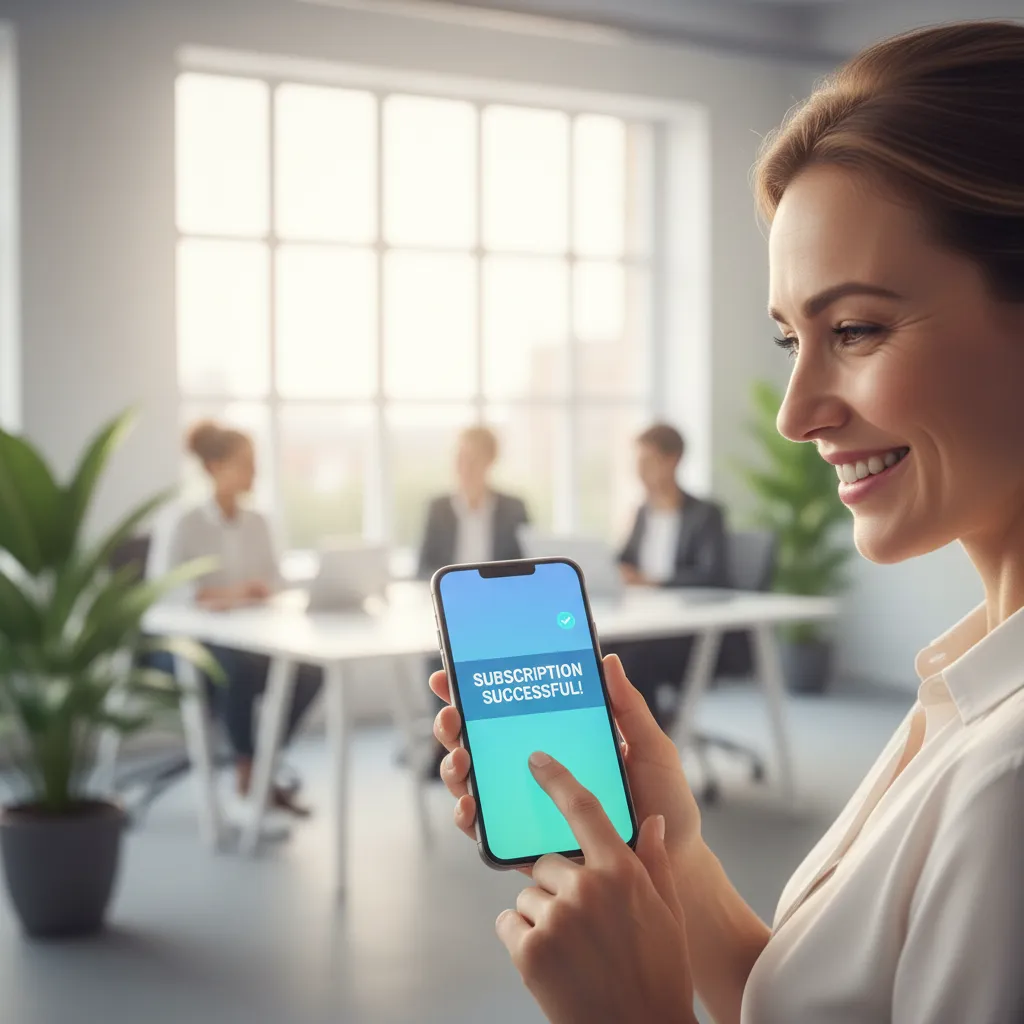 Primo piano di un titolare d'azienda che tiene uno smartphone che mostra una notifica di sottoscrizione avvenuta con successo, con uno sfondo di ufficio moderno, luce naturale ed espressione sicura.