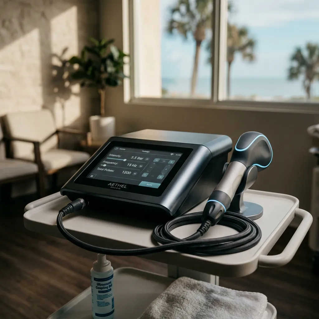 Clinical pressure wave acoustic therapy equipment in a serene Sarasota practice setting
