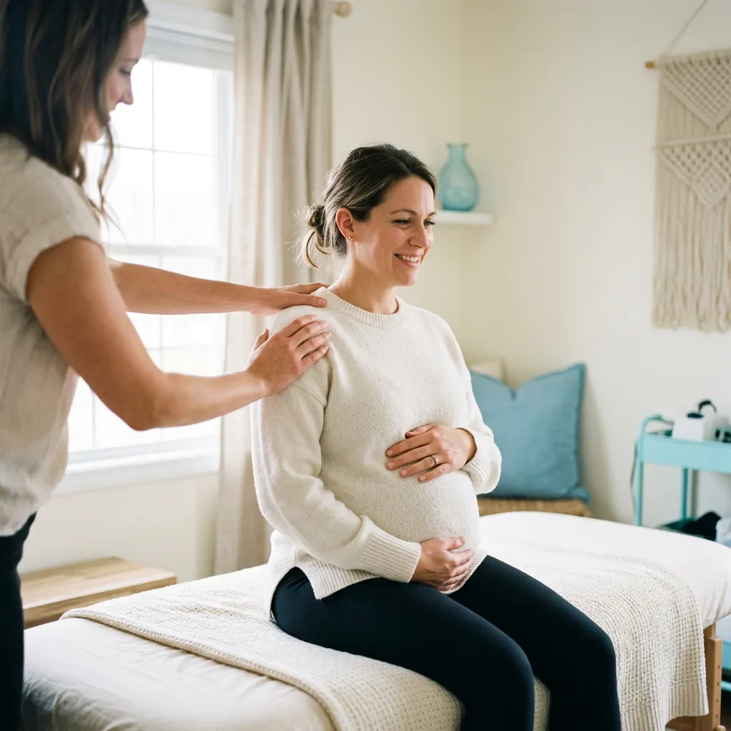 Expectant mother during a gentle prenatal chiropractic consultation in a warm, coastal-inspired clinical setting