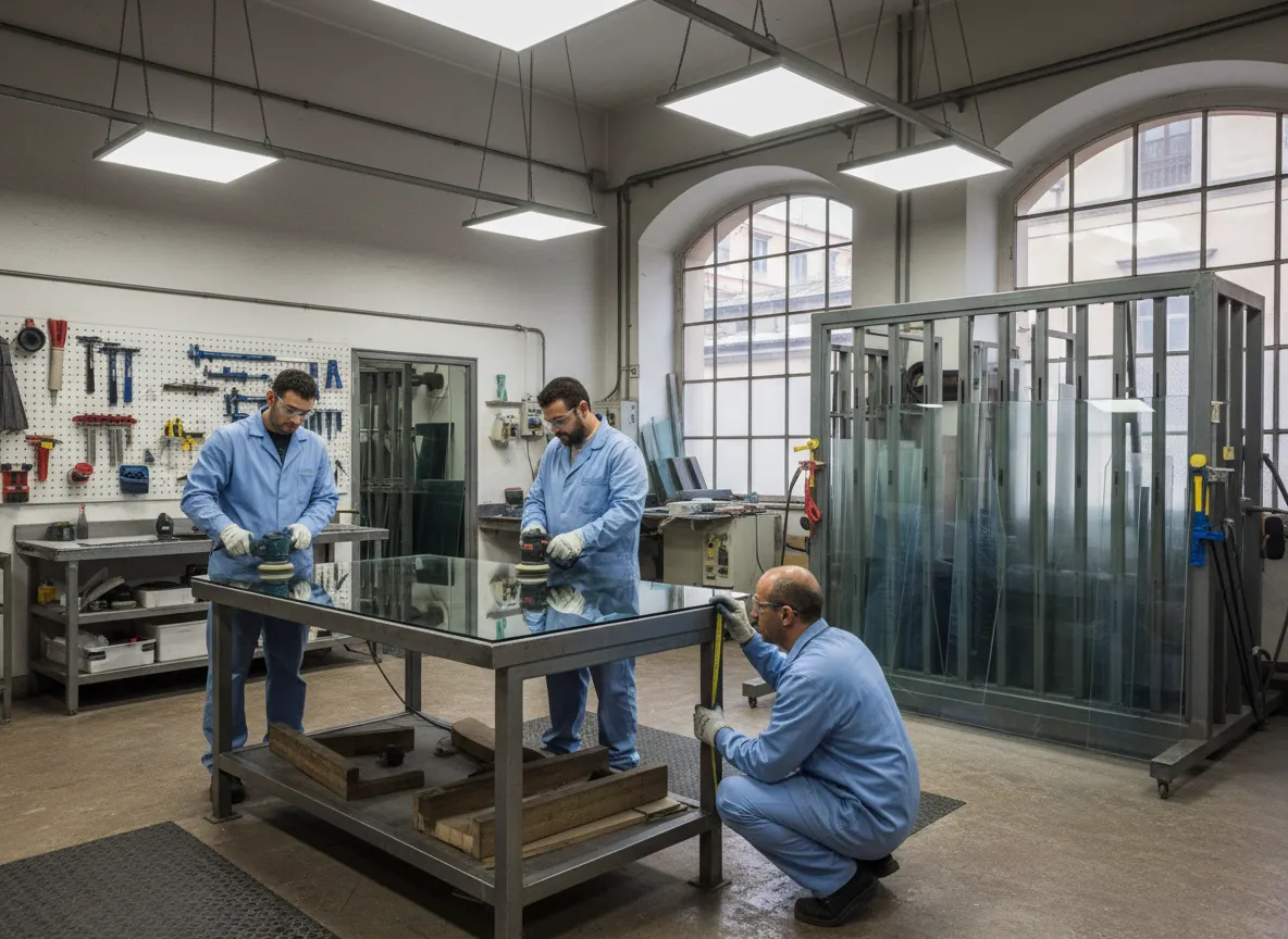 Glass fabrication team working in Naples workshop