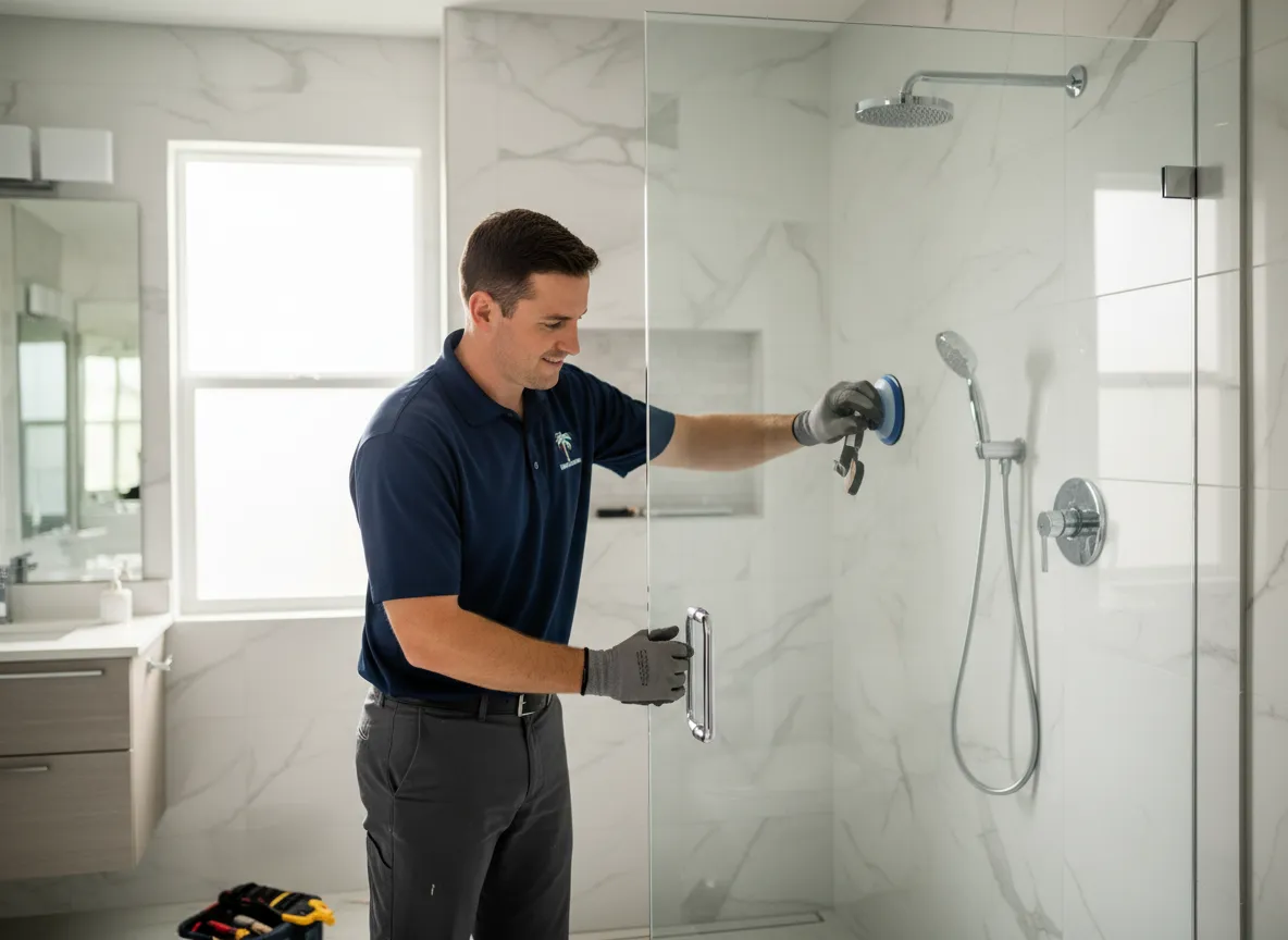 Shower door installer working carefully on a glass shower in Naples home