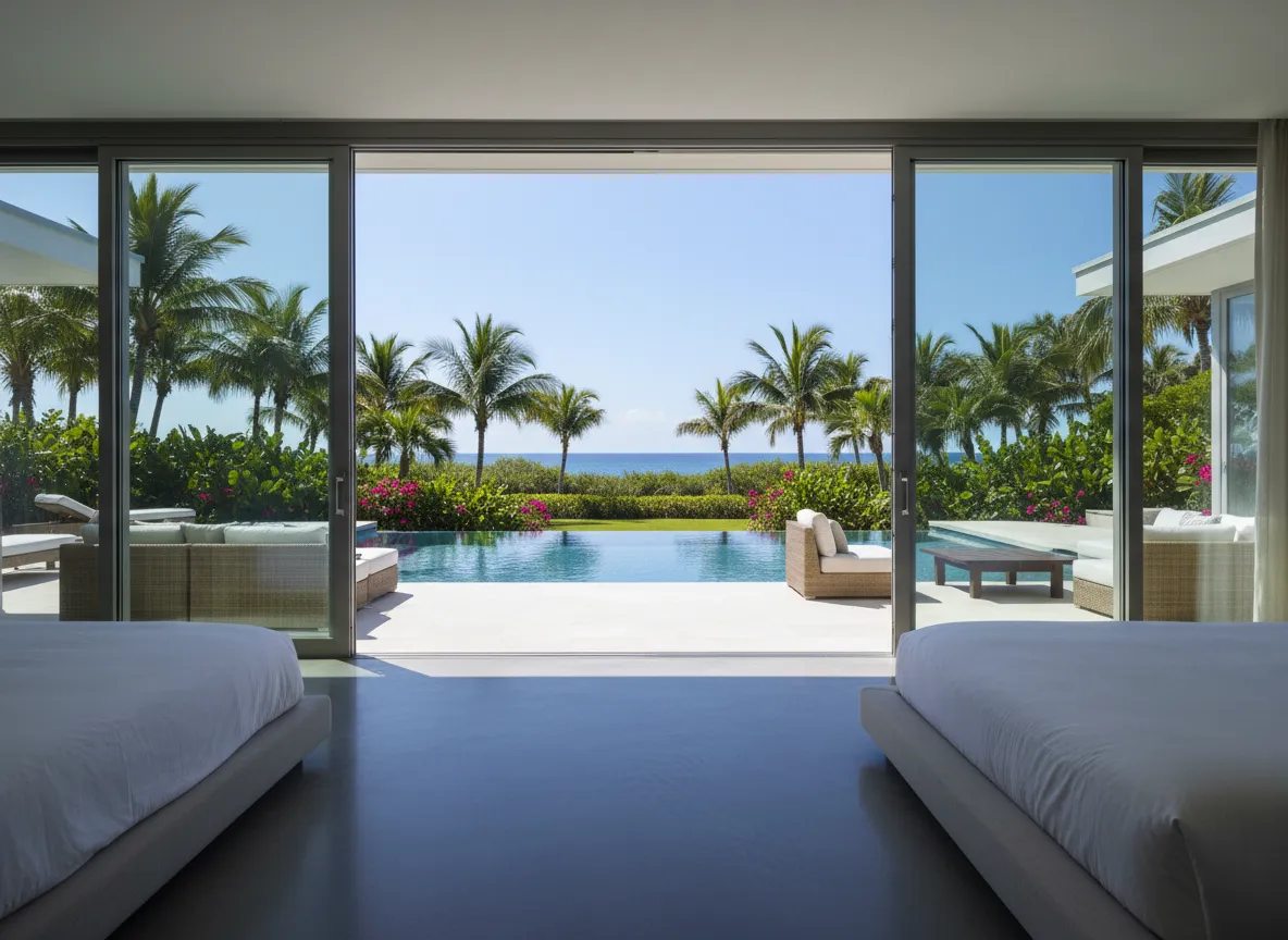 Glass entry doors opening to pool and outdoor living area