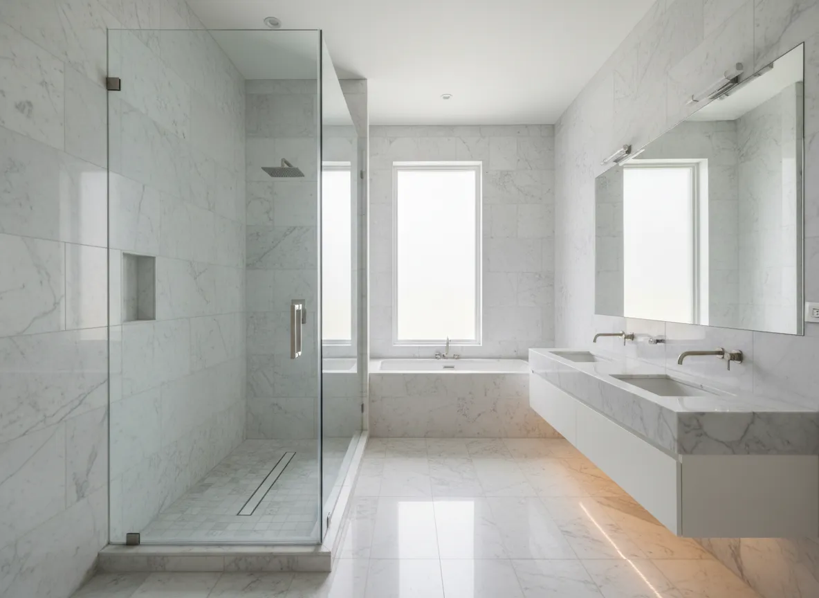 Luxurious marble bathroom with frameless glass shower enclosure in Naples