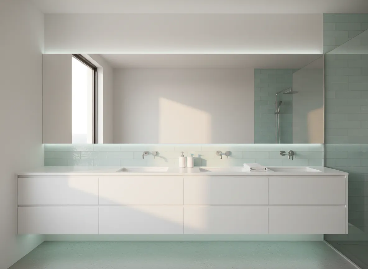 Custom mirror wall reflecting coastal light in modern bathroom