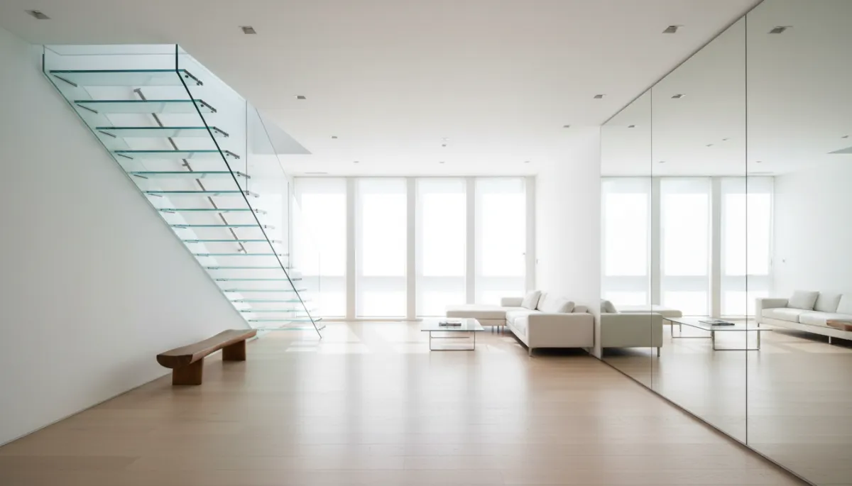 Wide mirror and glass stairs reflecting natural light