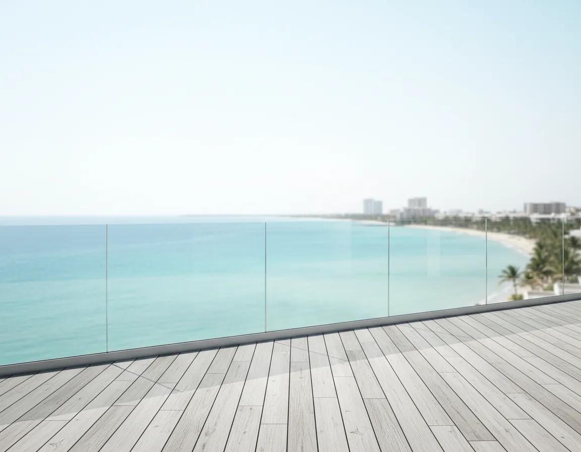 Glass balcony railing overlooking ocean view