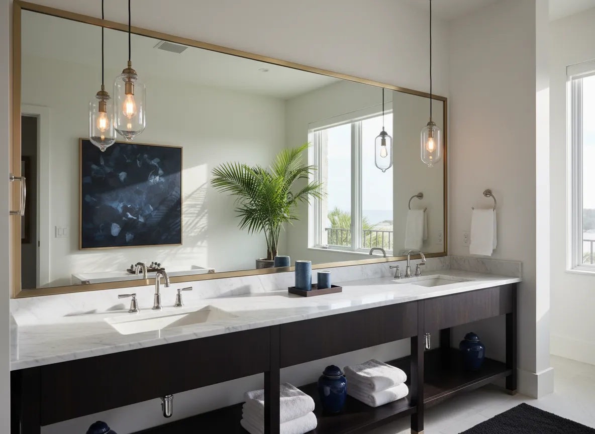 Custom oversized mirror in luxury bathroom