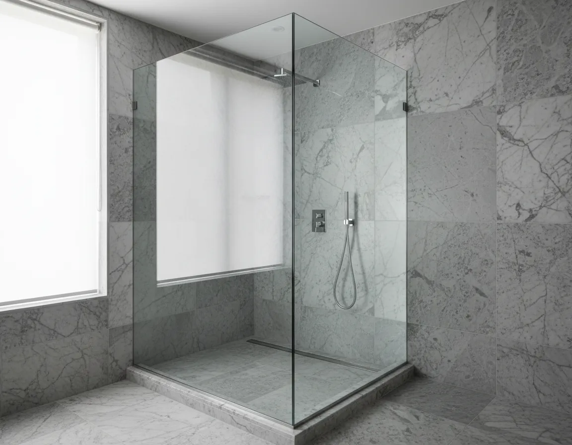 Luxury frameless corner shower with marble tile