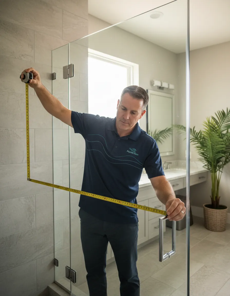 Installer measuring custom glass shower enclosure in Naples home