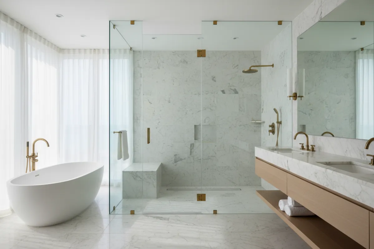 Luxury frameless glass shower with coastal-inspired bathroom design in Naples home