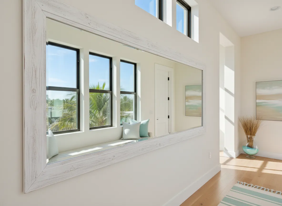 Large custom mirror reflecting natural light in hallway