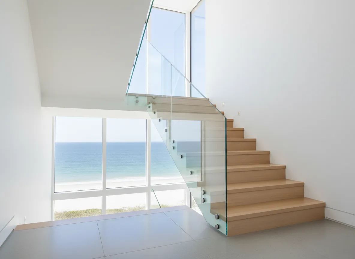 Modern glass railing along staircase in luxury home