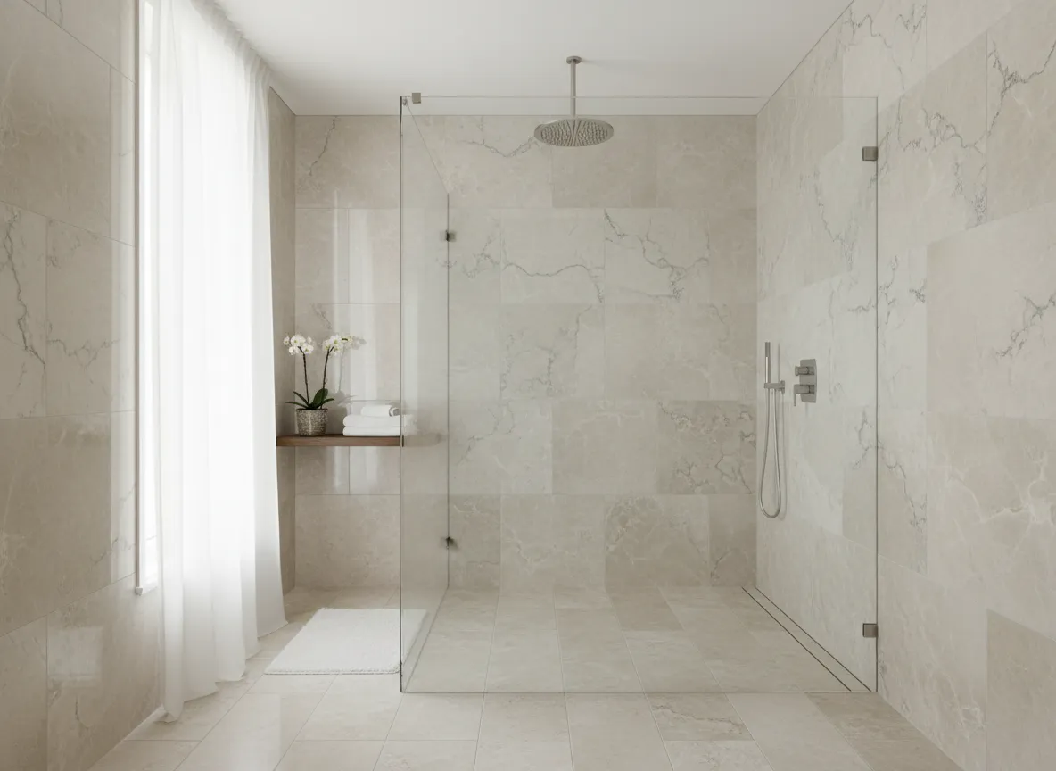 Luxury frameless glass shower enclosure in spa-like bathroom