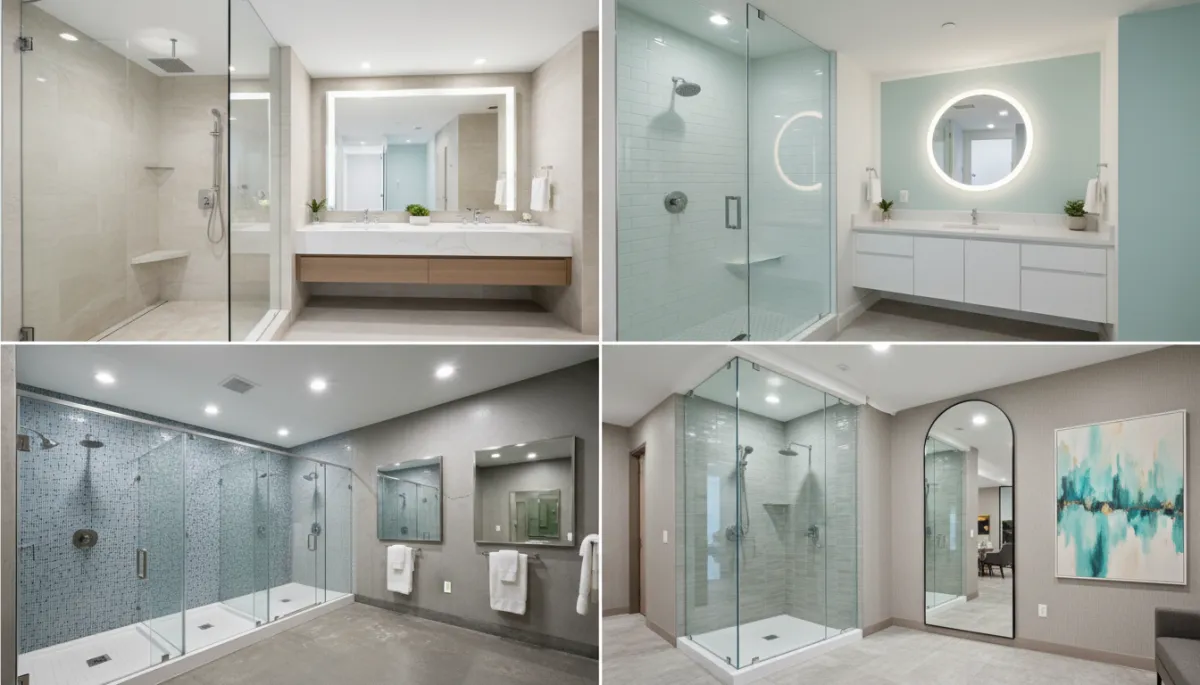 Collage of Naples homes, condos, and commercial spaces with custom showers and mirrors