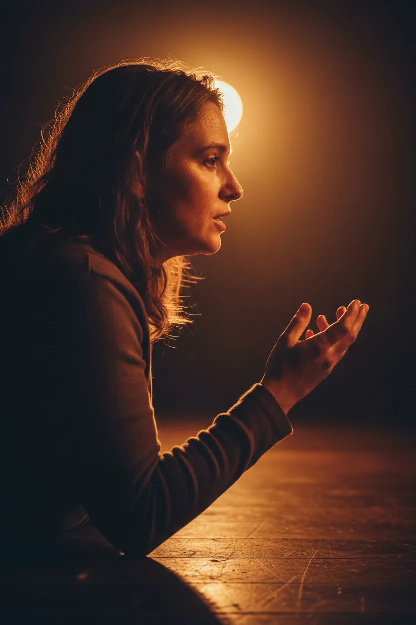 Portrait reel image with cinematic vertical crop: speaker mid-gesture under warm backlight.