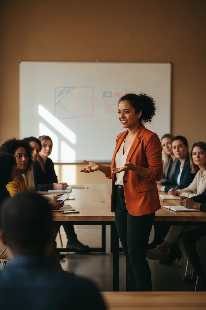 Vertical still of Marigold delivering a workshop with audience softly framed.