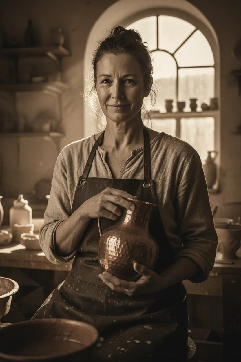 Vertical creative portrait with warm highlights and confident expression.