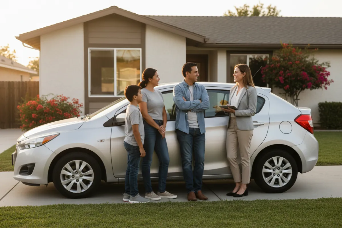 Familia hispana con un automóvil modesto y un agente amigable