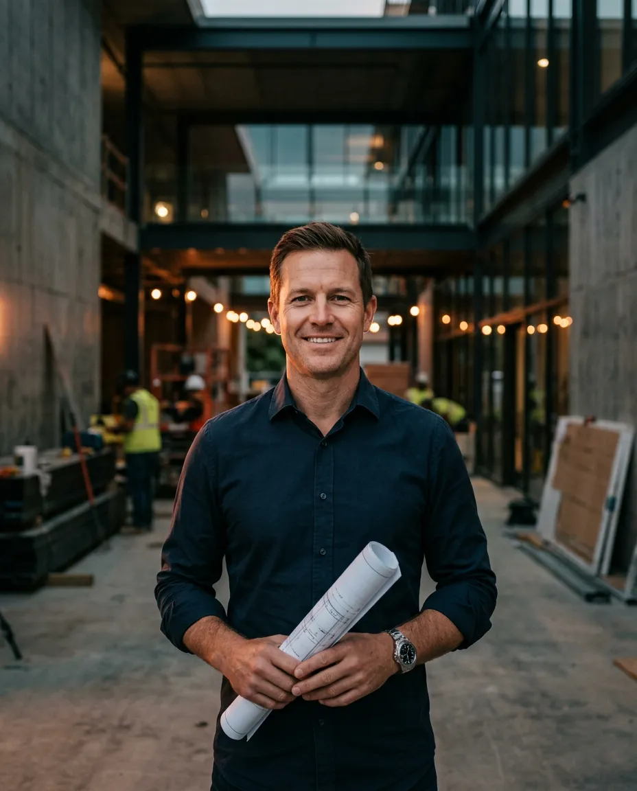 Casey Meeks, Founder of Elements of Restoration on site with construction blueprint