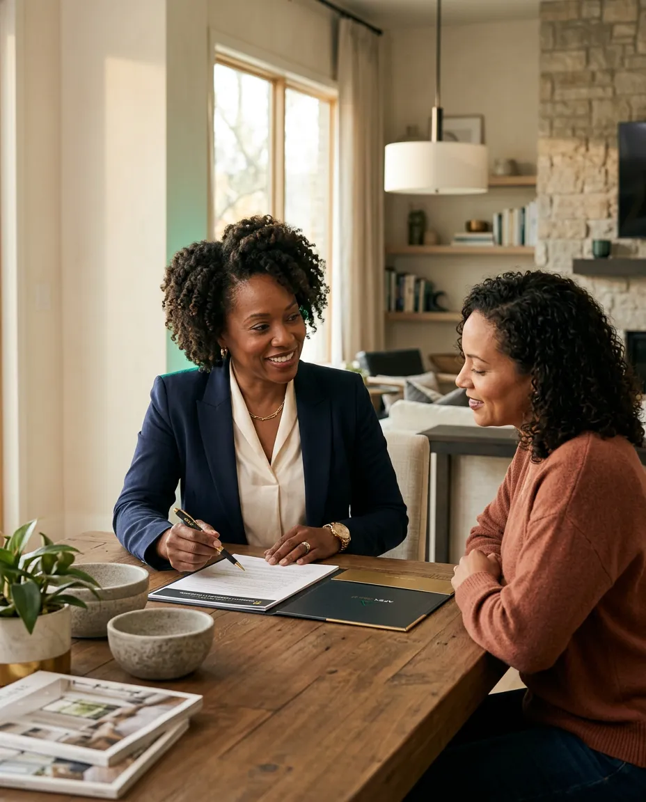 Professional Black real estate advisor consulting with client over home selling strategy