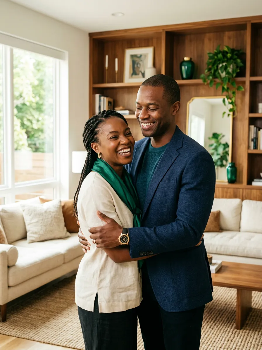 Diverse couple sharing a warm moment in their sunlit modern living room, representing trust and comfortable homeownership with Apex Alliance