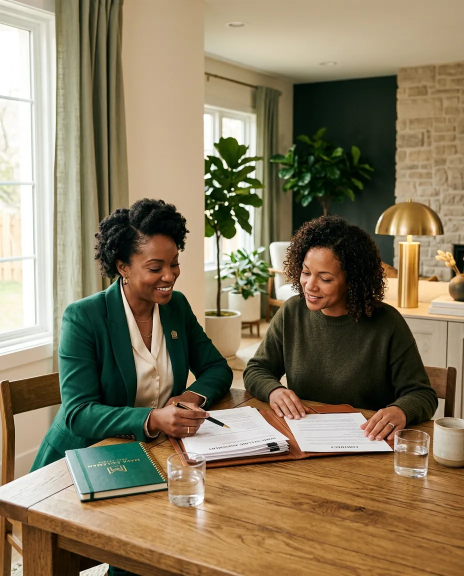Professional Black real estate advisor presenting a comprehensive home valuation and selling strategy to a client in a sunlit modern residential setting