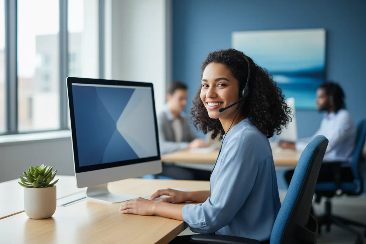 A friendly support team member, a young woman with a headset, smiling at her desk in a modern office with blue accents.