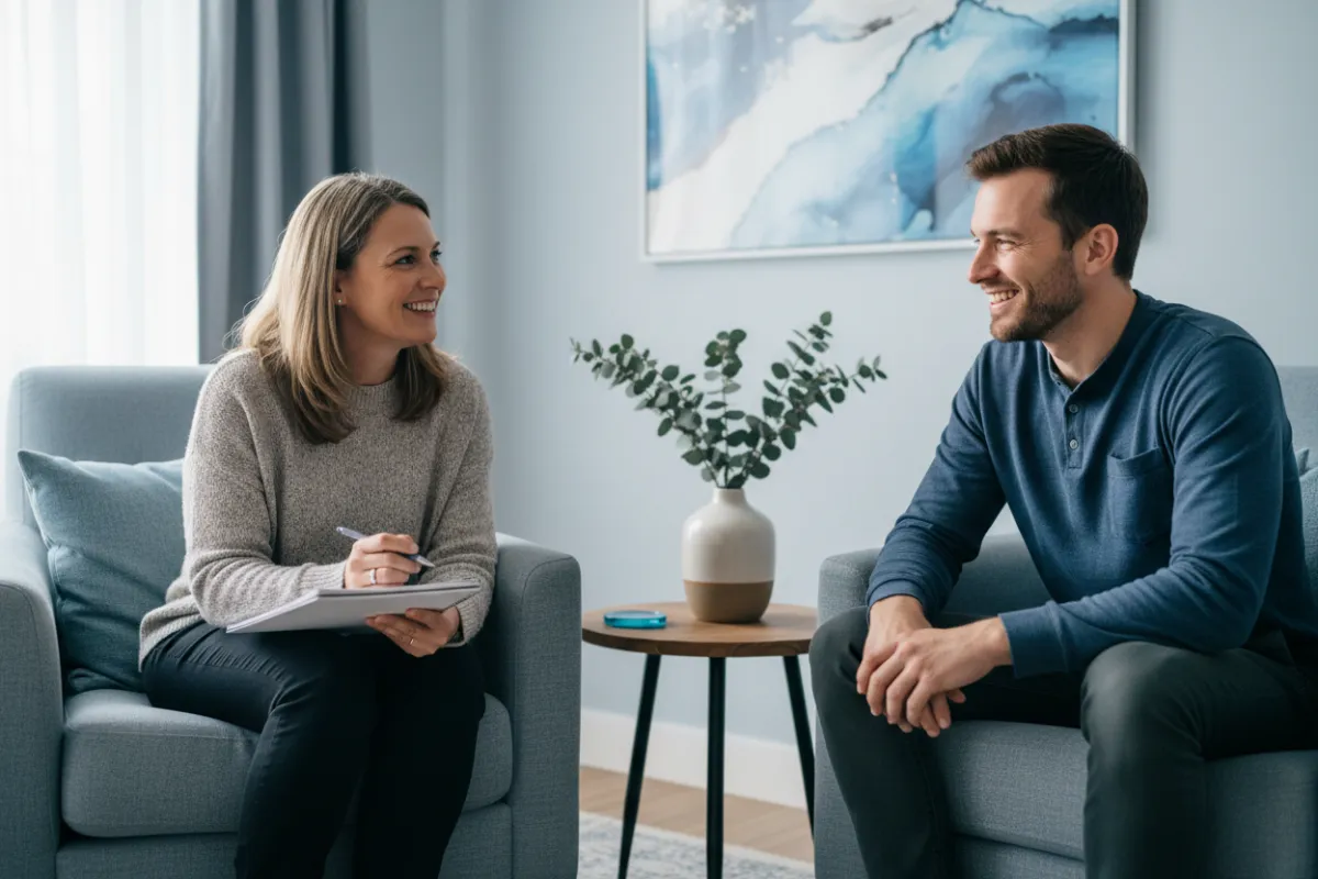 A therapist and client seated across from each other, both smiling gently, with a notepad and calming blue decor. The scene conveys trust, active listening, and a supportive therapeutic relationship.