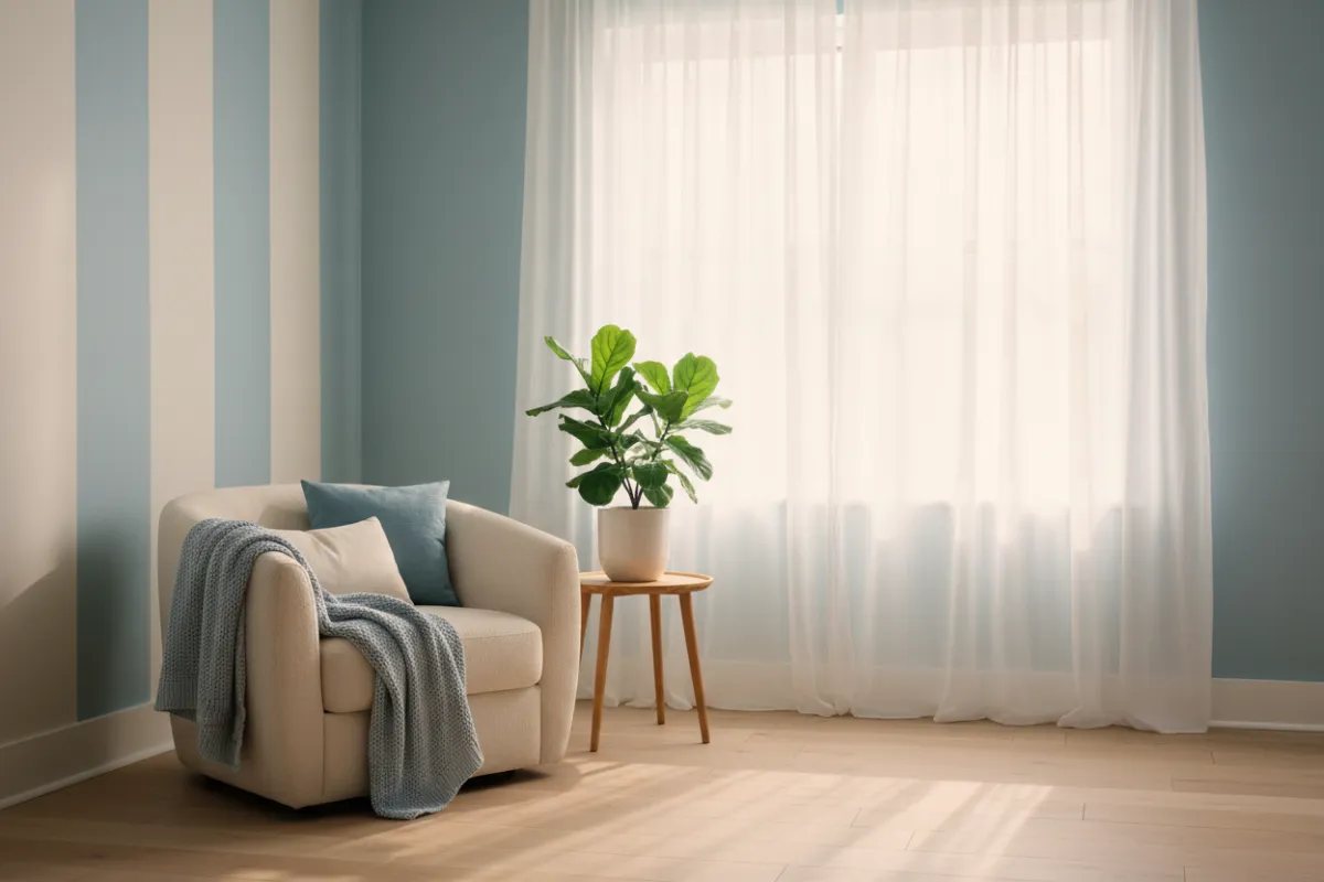 A serene, sunlit therapy room with soft blue and white decor, a comfortable armchair, a small table with a plant, and gentle natural light streaming through sheer curtains, evoking calm and trust.
