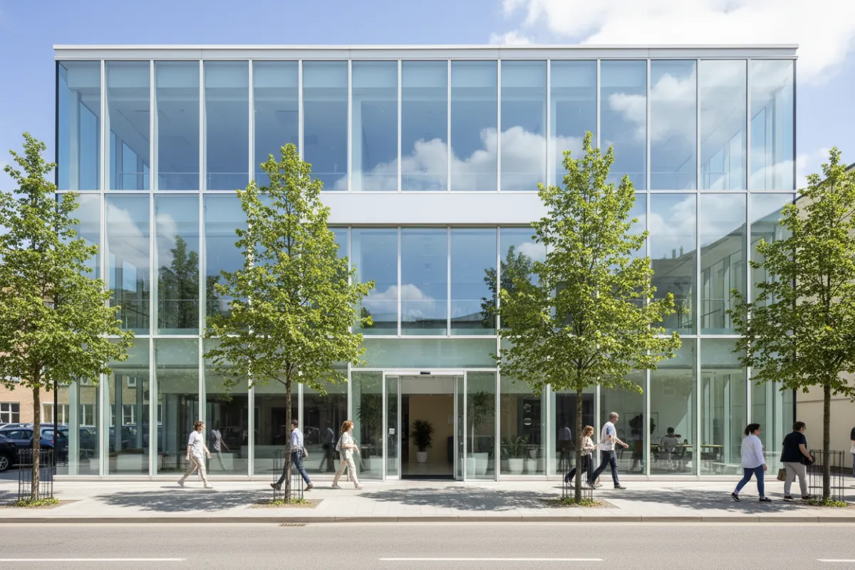 Street view of the clinic building with clear signage, modern glass facade, and a tree-lined sidewalk, captured on a sunny day with people walking by.