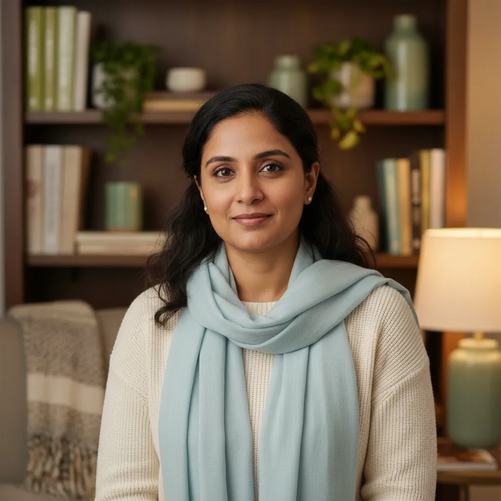 Portrait of Priya Singh, a South Asian woman in her late 30s, wearing a light scarf and pastel sweater, smiling softly, with a bookshelf and calming decor behind her.