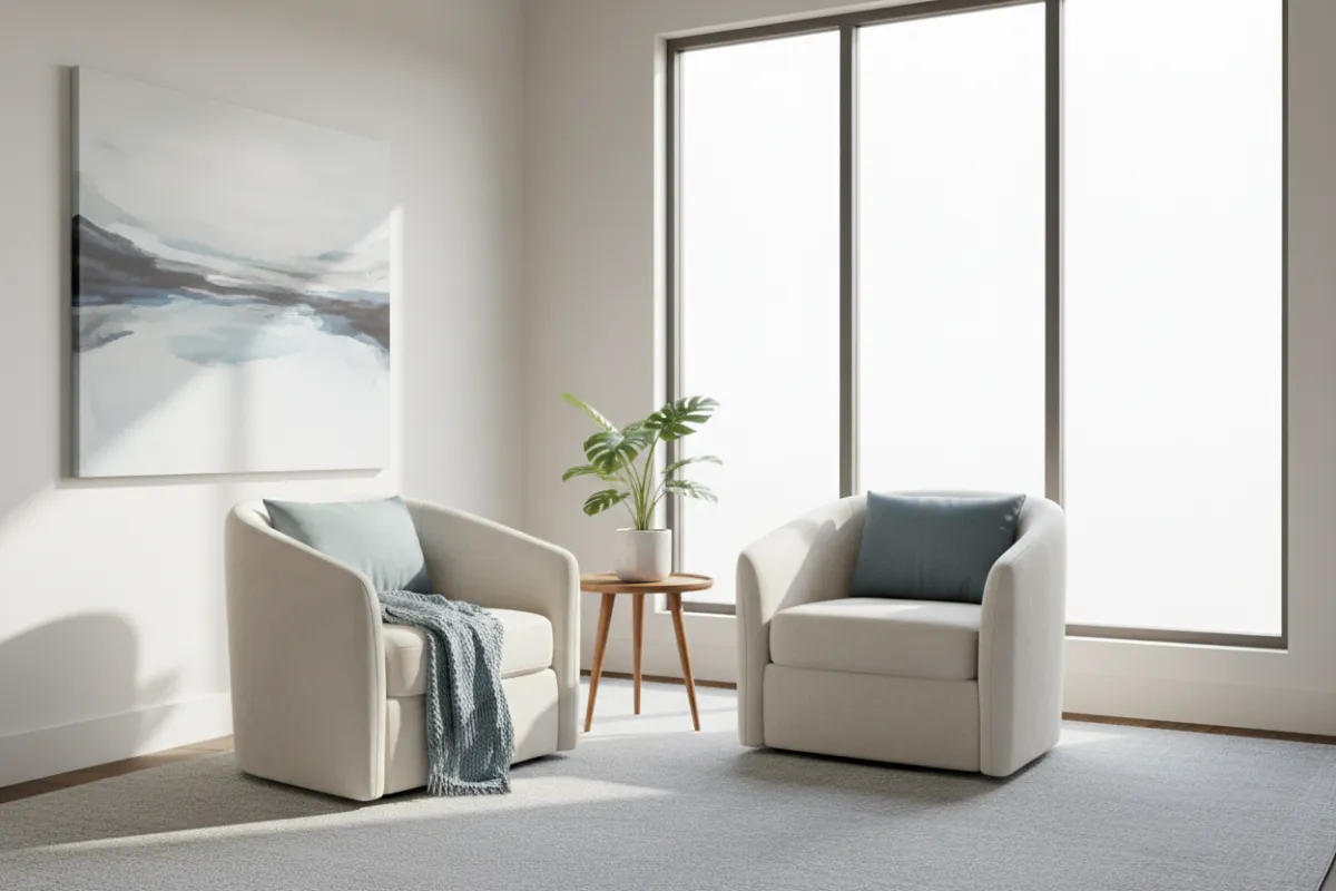 A serene therapy room with soft blue accents, two armchairs facing each other, a small table with a plant, and sunlight streaming through a large window. The setting is calm, inviting, and designed for comfort and trust.
