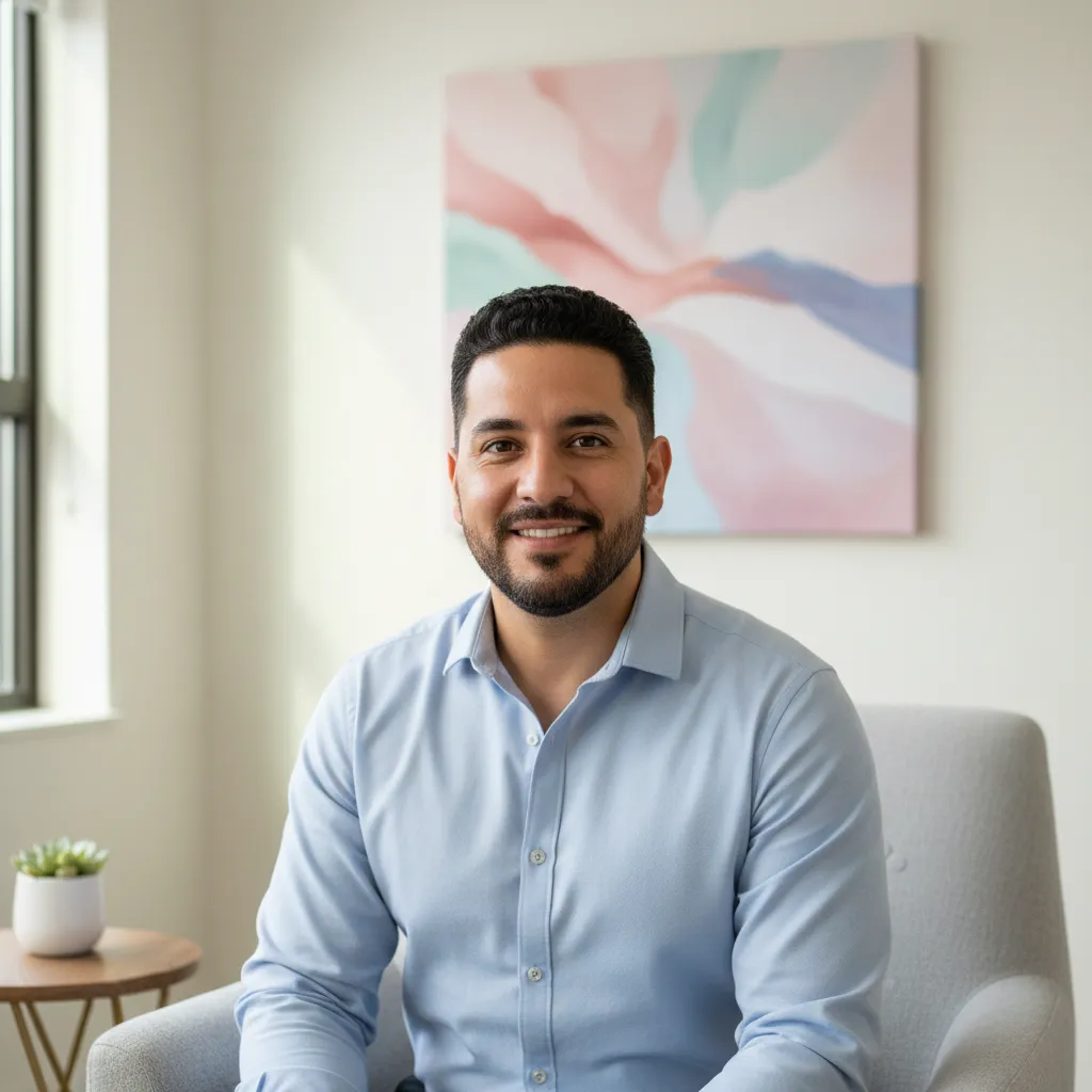 Portrait of Alex Rivera, a Latino man in his 30s, with short dark hair, wearing a pastel shirt, smiling gently, seated in a modern therapy office with abstract art on the wall.