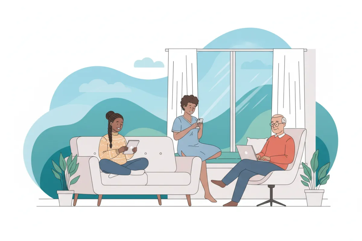 A digital illustration of a diverse group of people, including a young woman, an older man, and a non-binary person, each using a laptop or smartphone in a bright, modern home setting. The background features soft blue and teal gradients, evoking calm and trust, with subtle abstract shapes.