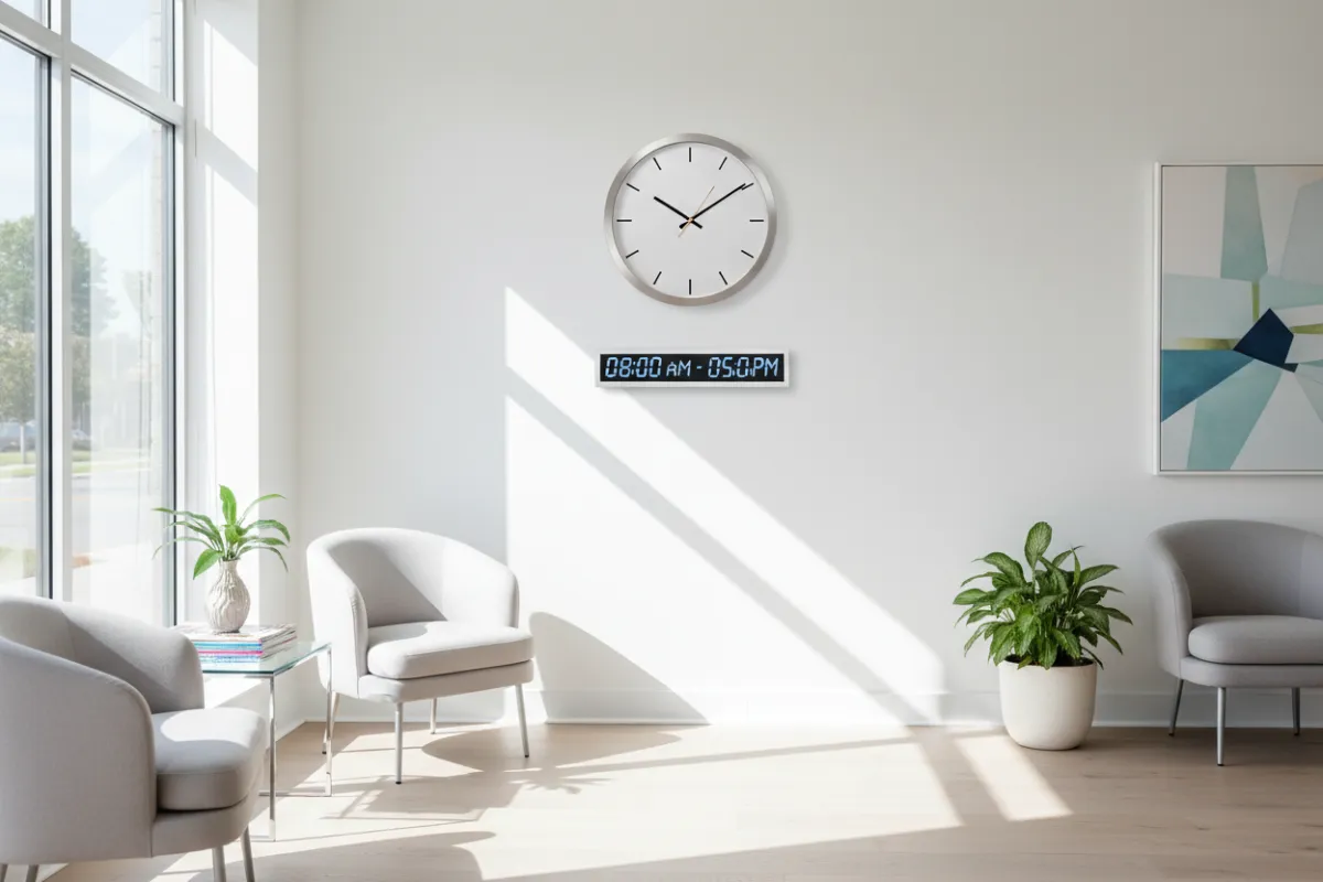 A wall-mounted clock in a sunlit clinic waiting area, with comfortable chairs and a small table holding magazines. The scene includes a window with daylight streaming in, and a digital display showing office hours. The setting is clean, organized, and welcoming for patients.
